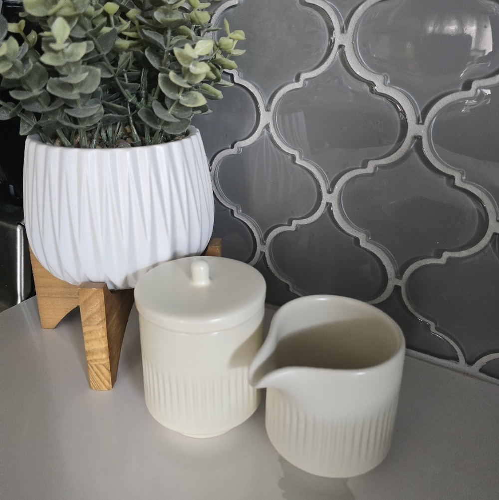 Citrine by Magenta Ceramic Creamer & Sugar Set Ivory Ribbed Minimalist